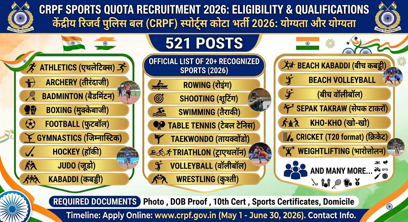 CRPF Sports Quota Sports List 2026